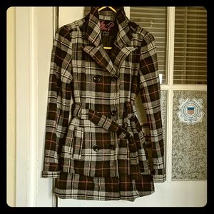 Double-breasted wool coat silver&black w/pink init